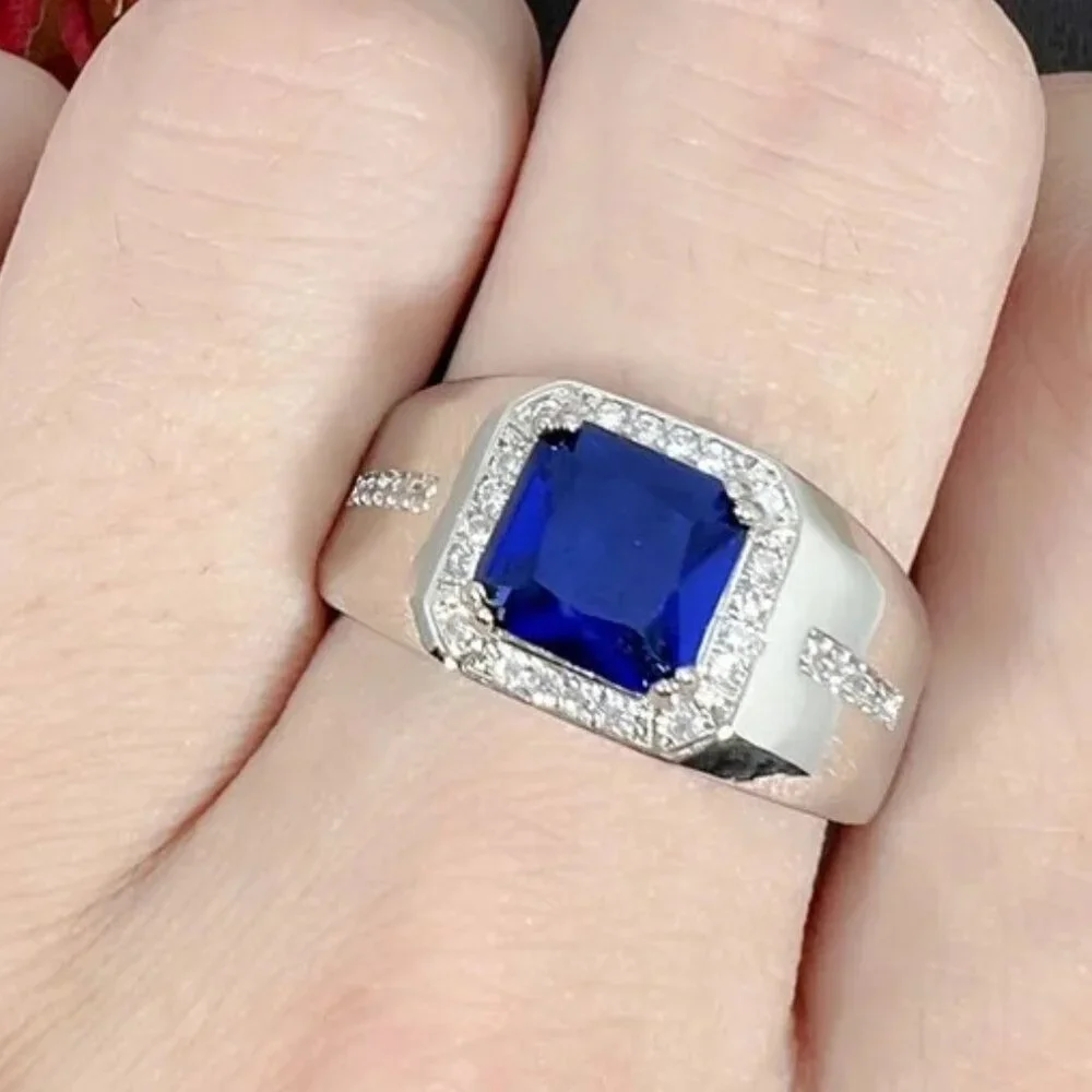 🆕 Men's Micro Pave 3.00ctw. Sapphire and Diamond Ring 18K White Gold Pltd 🆕 - Picture 5 of 7